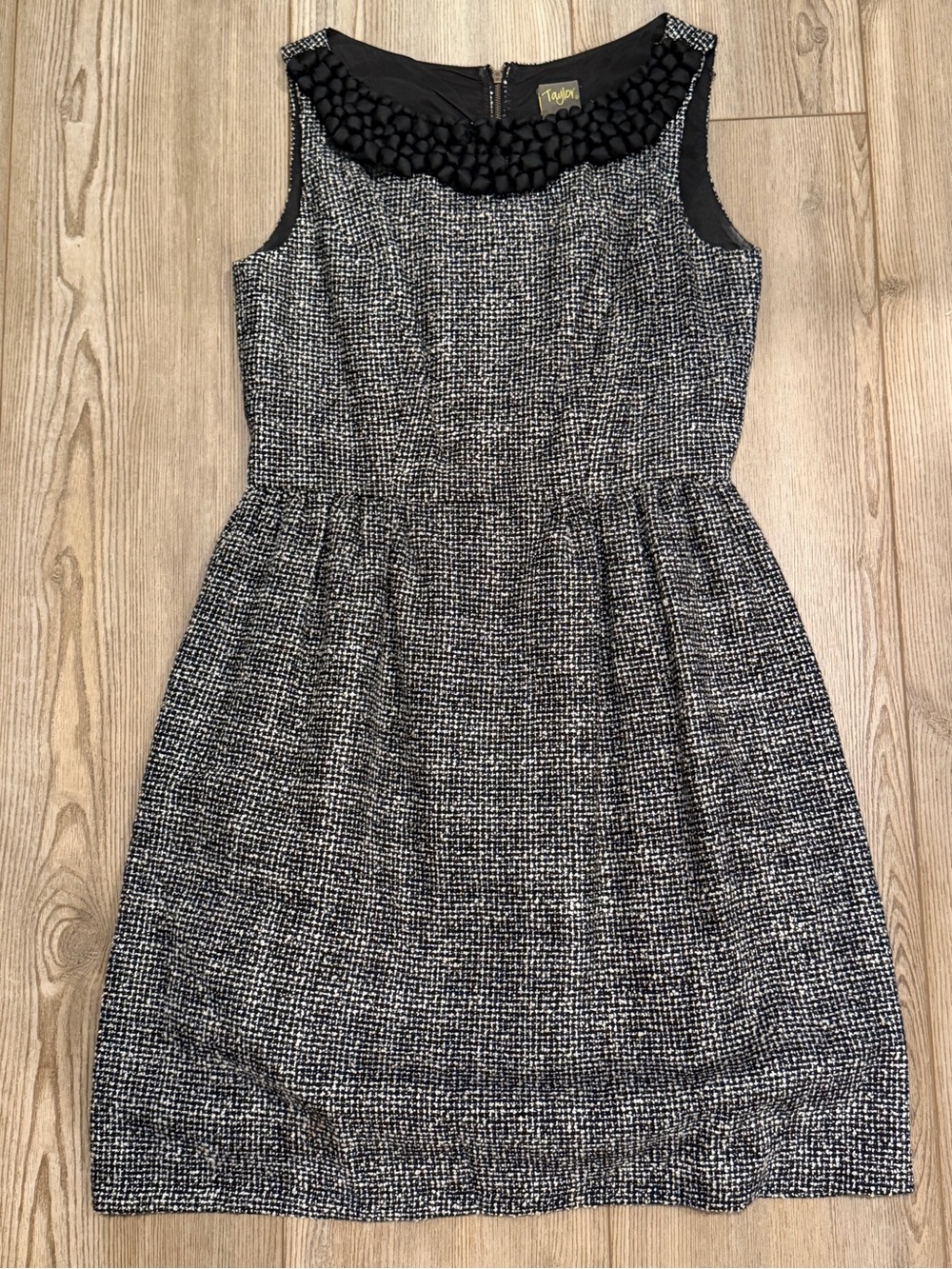 Taylor Black and White Tweed Dress with Textured Embellished Collar